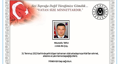Milli Savunma Bakanlığı, Jandarma Astsubay Kıdemli Çavuş Mustafa Tatlı'nın şehit olduğunu duyurdu