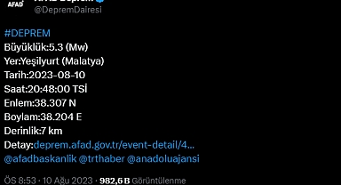 Malatya merkezli şiddetli bir deprem meydana geldi