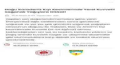 Meteoroloji'den Doğu Karadeniz için yerel kuvvetli sağanak yağış uyarısı