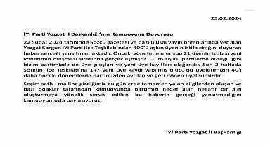 İYİ Parti Yozgat İl Başkanlığı: "400'ü aşkın üyenin istifa ettiğini duyuran haberler gerçeği yansıtmamaktadır"