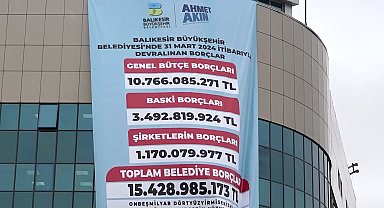 Balıkesir Büyükşehir Belediyesi'nin borcu belediye binasına asıldı... Ahmet Akın: "Asla 'enkaz devraldık' demeyeceğiz. Mazeret değil iş üreteceğiz"