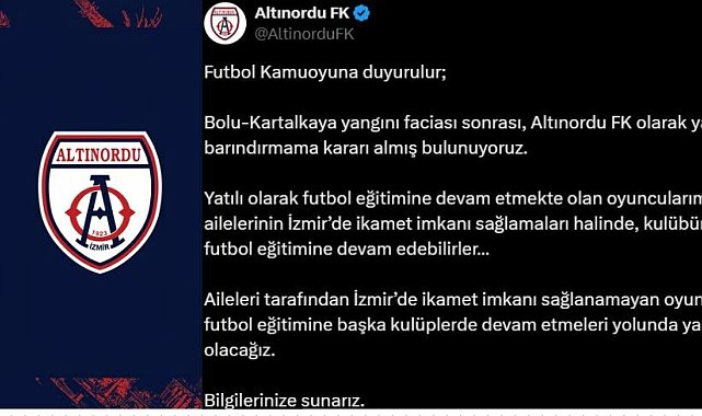 Altınordu Futbol Kulübü: Bolu-Kartalkaya yangını faciası sonrası yatılı oyuncu barındırmama kararı almış bulunuyoruz