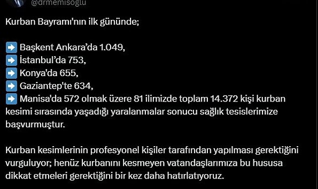 Bakan Memişoğlu: Kurban Bayramı'nın ilk gününde 81 ilde 14 bin 372 kişi kurban kesimi sırasında yaralandı
