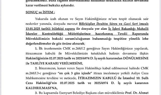 Esenyurt Belediye Başkanı Ahmet Özer için yeniden tahliye talebi