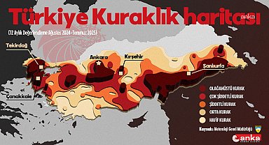 Meteoroloji'nin 12 aylık kuraklık haritası: İç Anadolu Bölgesi’nin neredeyse tamamı 'olağanüstü çok şiddetli kurak' ve 'aşırı kurak' 