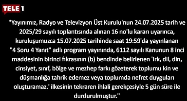 TELE1 ekranları, gece yarısı itibarıyla 5 günlük yayın durdurma cezası kapsamında karardı